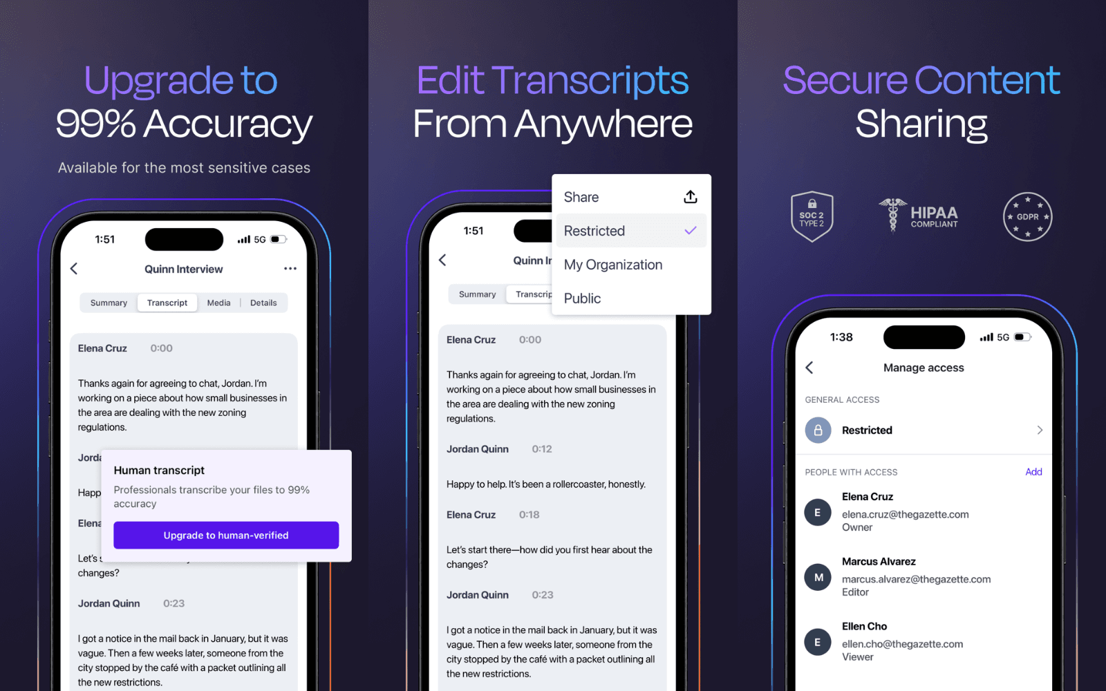 Rev Voice Recorder app screens: recording, transcript ordering and file management on iPhone.