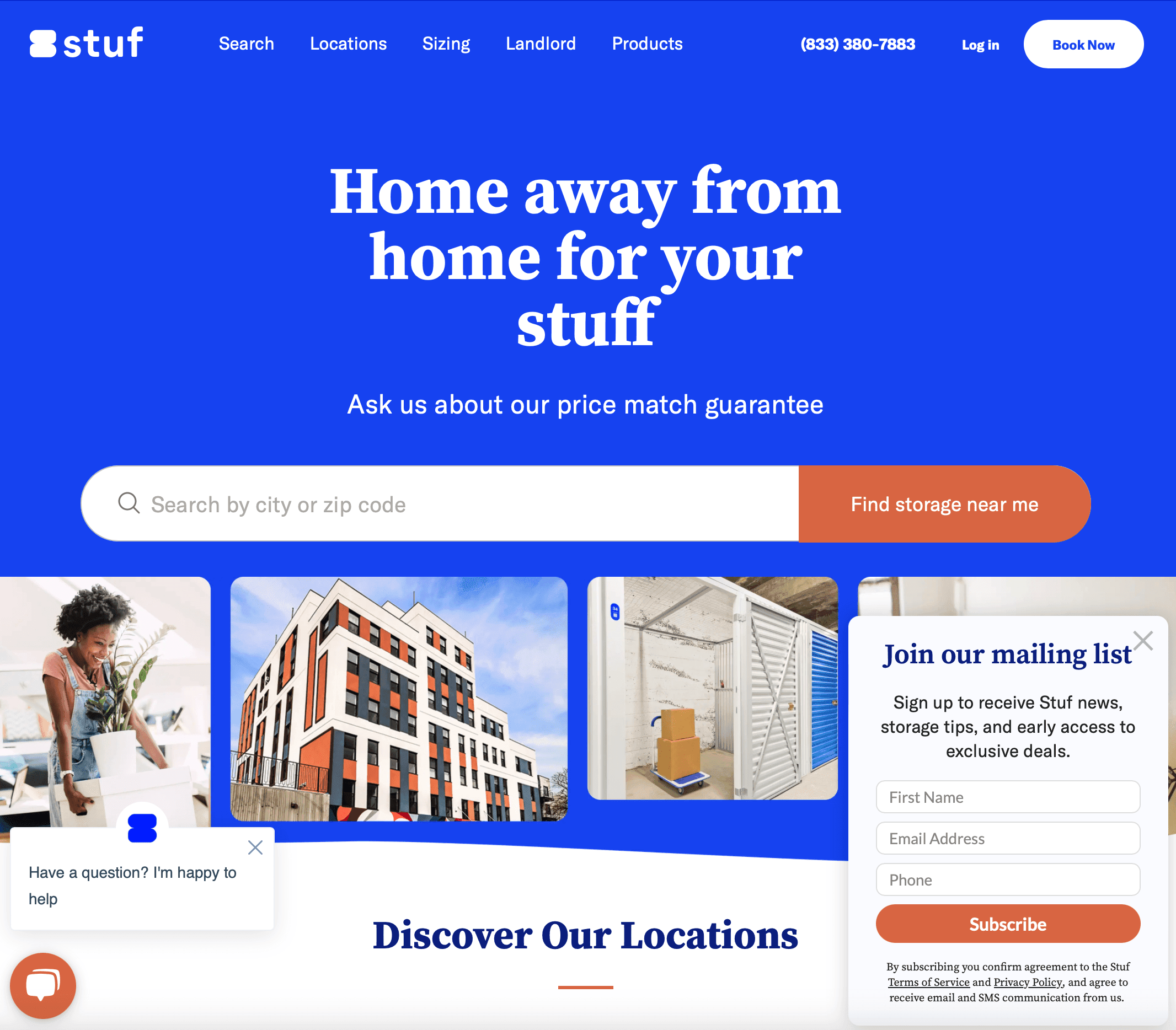 Stuf storage homepage: 'Home away from home for your stuff' with a city search bar.